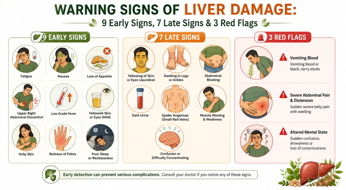 Warning Signs of Liver Damage: 9 Early Signs, 7 Late Signs & 3 Red Flags 7 Warning Signs of Liver Damage - Early, Late and Red Flag Signs