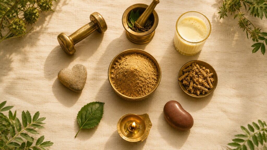 Gokhru powder with herbs and natural ingredients representing eight health benefits for men