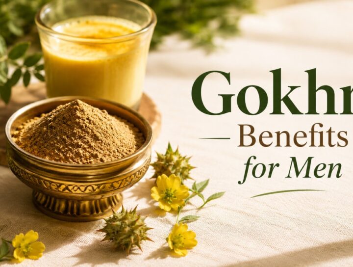 Gokhru (Gokshura) Benefits for Men: Testosterone, Stamina, Sexual Health & More 44 Gokhru Benefits for Men , Gokhru Gokshura powder in brass bowl with Tribulus terrestris fruit for men's vitality