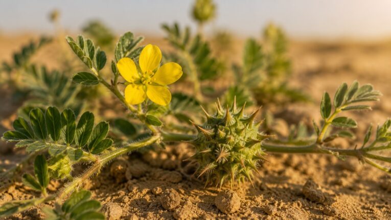 Tribulus terrestris Gokhru plant with yellow flower and spiny fruit in natural habitat