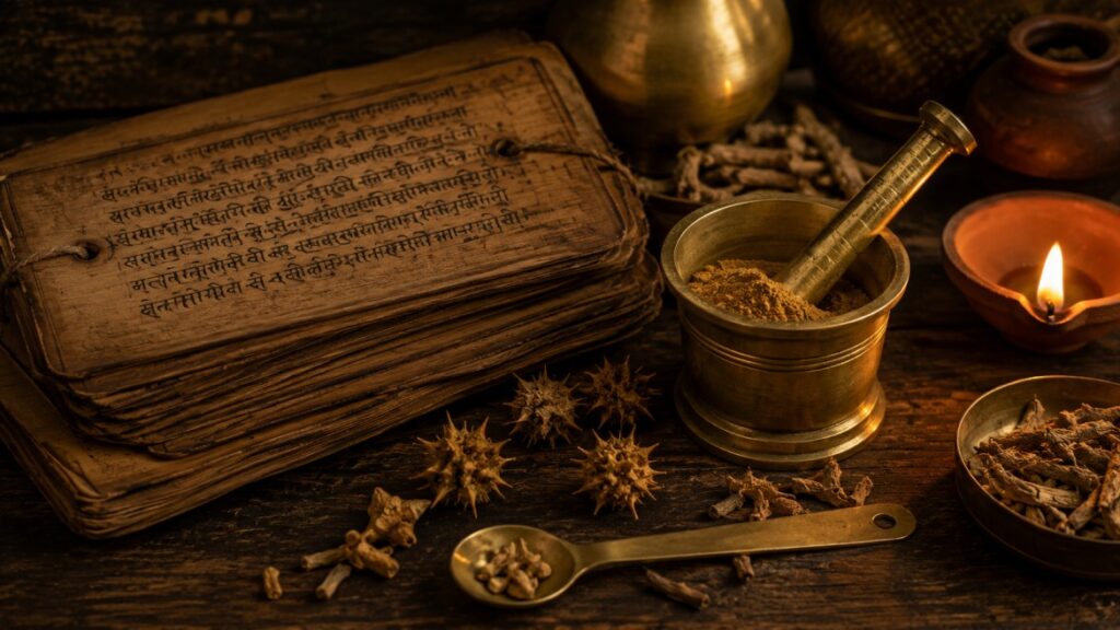 Traditional brass mortar and pestle with Gokhru powder and Ayurvedic manuscript