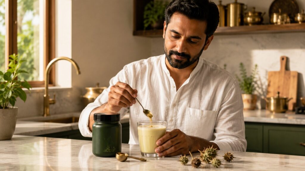 Man mixing Gokhru powder into warm milk as a daily Ayurvedic routine. How to Take Gokhru Powder: Dosage, Timing, and Best Practices