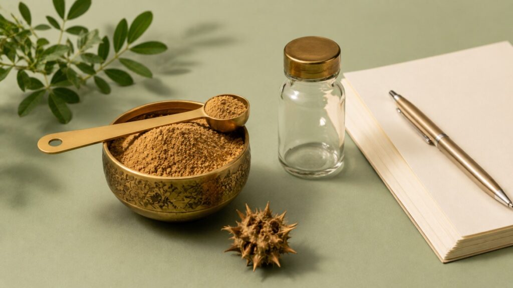 Gokhru powder with measuring spoon and notepad representing safe dosage and precautions