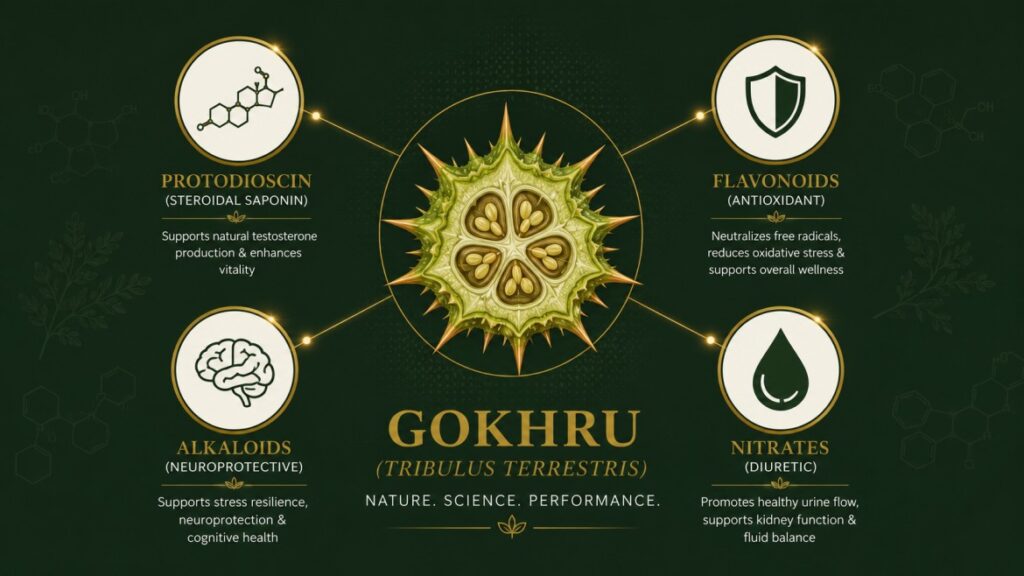 Gokhru active compounds diagram showing protodioscin saponins and flavonoids