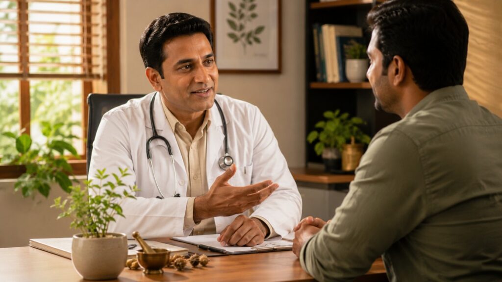 Doctor consulting a male patient about Gokhru supplement use and medical advice